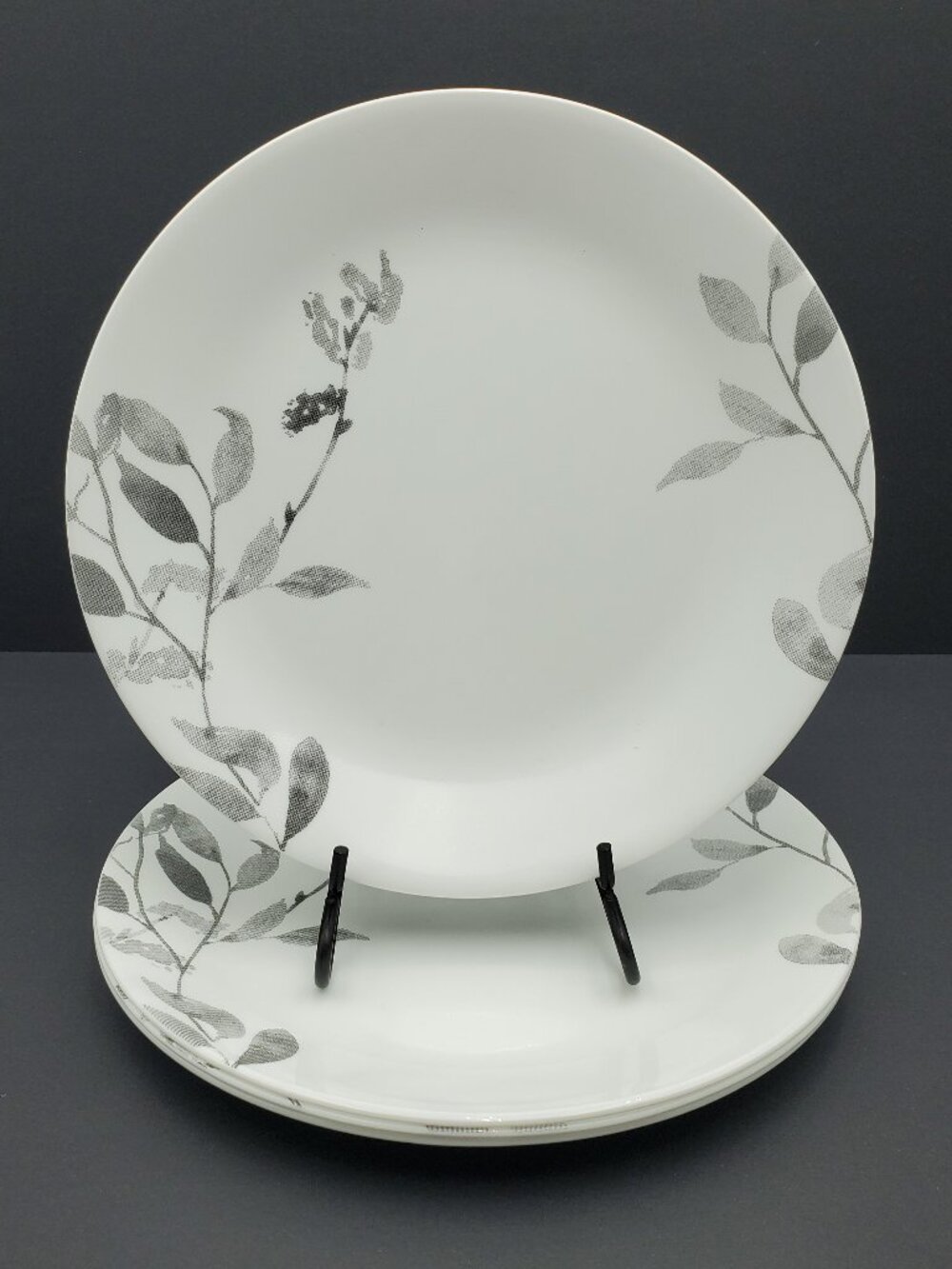 Corelle Misty Leaves Dinner Plates Corning White Plates with Gray Leaves